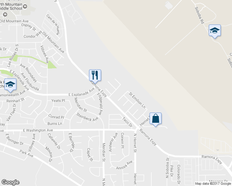 map of restaurants, bars, coffee shops, grocery stores, and more near 1843 Rue Pinot Blanc in San Jacinto