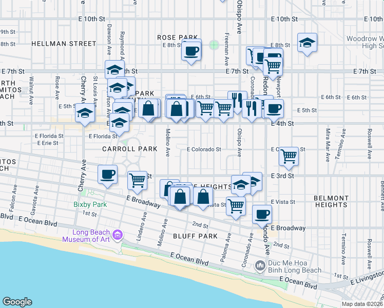 map of restaurants, bars, coffee shops, grocery stores, and more near 337 Gladys Avenue in Long Beach