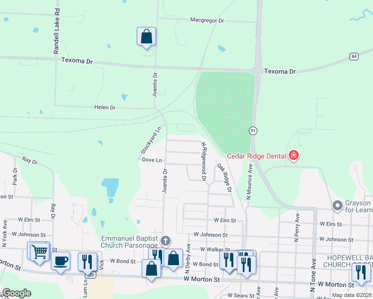 map of restaurants, bars, coffee shops, grocery stores, and more near 1717 Meadowlark Lane in Denison