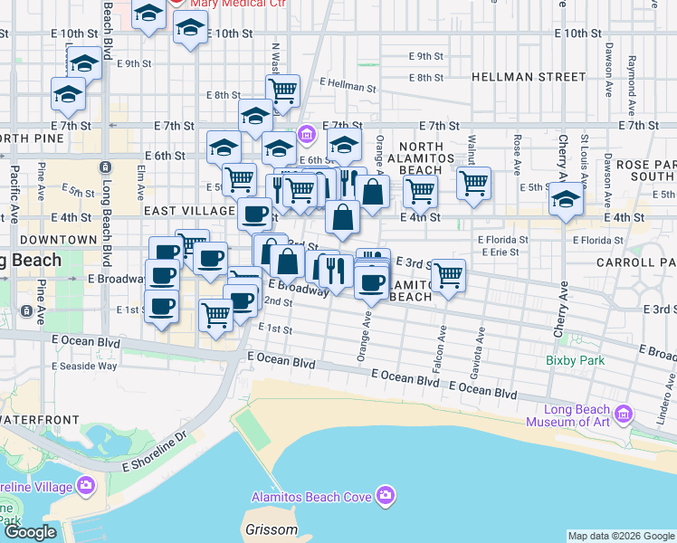 map of restaurants, bars, coffee shops, grocery stores, and more near 262 Cerritos Avenue in Long Beach