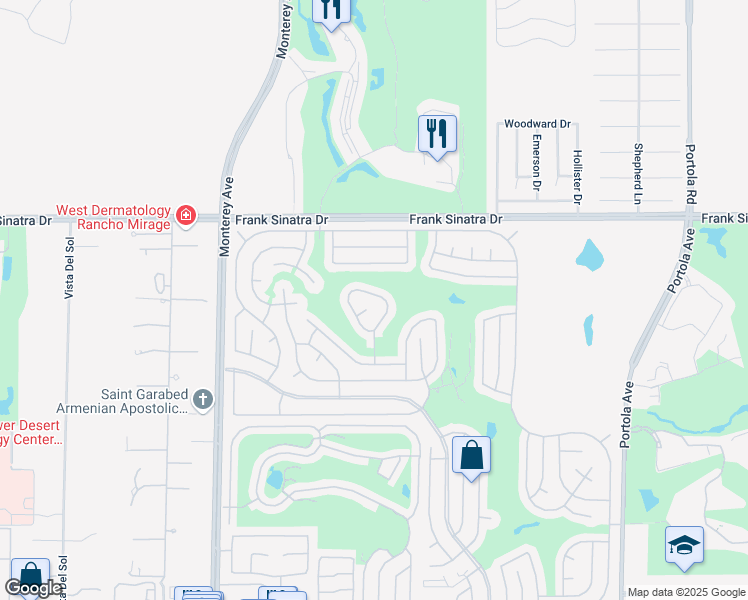map of restaurants, bars, coffee shops, grocery stores, and more near 73342 Linda Circle in Palm Desert