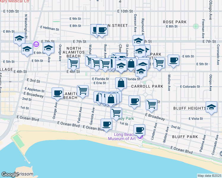 map of restaurants, bars, coffee shops, grocery stores, and more near 1837 East 3rd Street in Long Beach