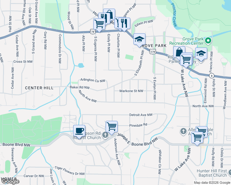 map of restaurants, bars, coffee shops, grocery stores, and more near 1968 Markone Street Northwest in Atlanta