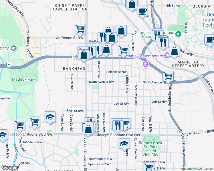map of restaurants, bars, coffee shops, grocery stores, and more near 543 Paines Avenue Northwest in Atlanta