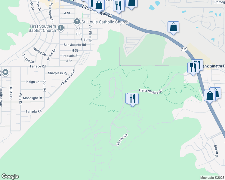 map of restaurants, bars, coffee shops, grocery stores, and more near 43 Mount San Jacinto Circle in Rancho Mirage
