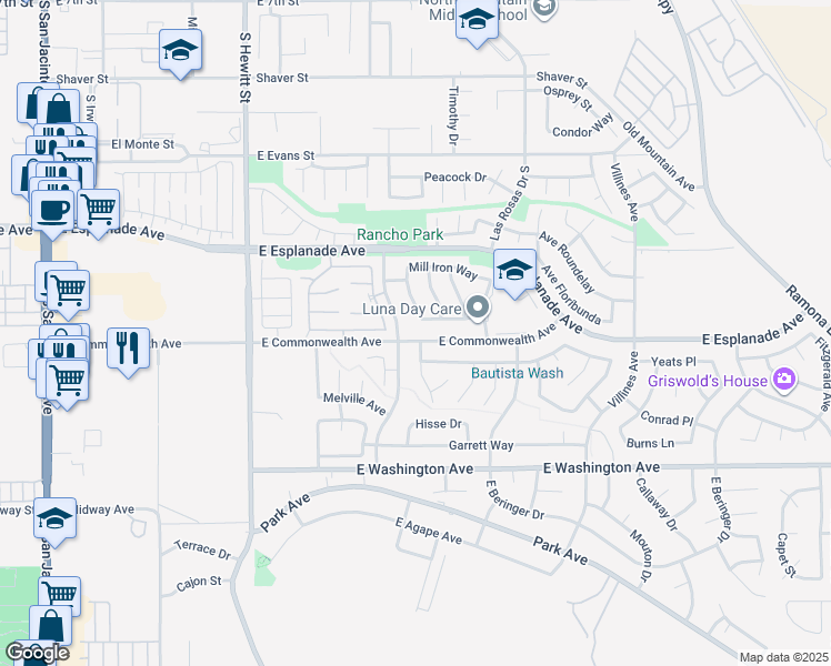 map of restaurants, bars, coffee shops, grocery stores, and more near 927 East Commonwealth Avenue in San Jacinto