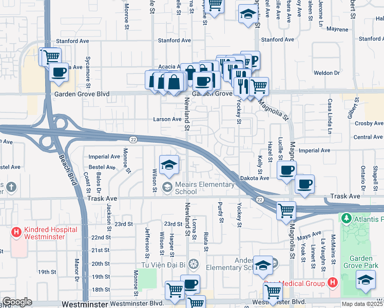 map of restaurants, bars, coffee shops, grocery stores, and more near 13252 Newland Street in Garden Grove