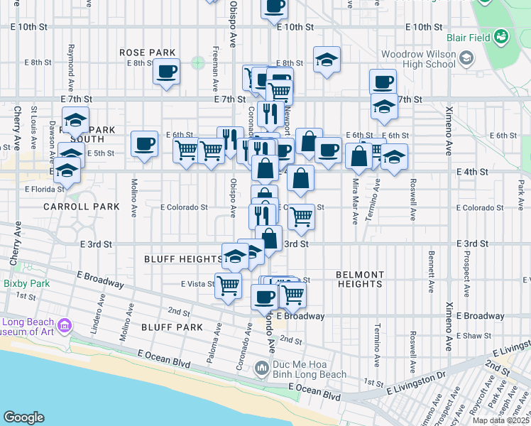 map of restaurants, bars, coffee shops, grocery stores, and more near 341 Redondo Avenue in Long Beach