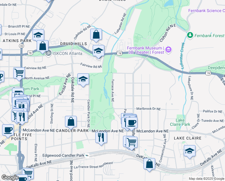 map of restaurants, bars, coffee shops, grocery stores, and more near Clifton Terrace Northeast in Atlanta