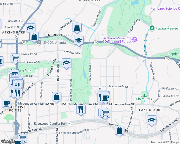 map of restaurants, bars, coffee shops, grocery stores, and more near Terrace Avenue Northeast in Atlanta