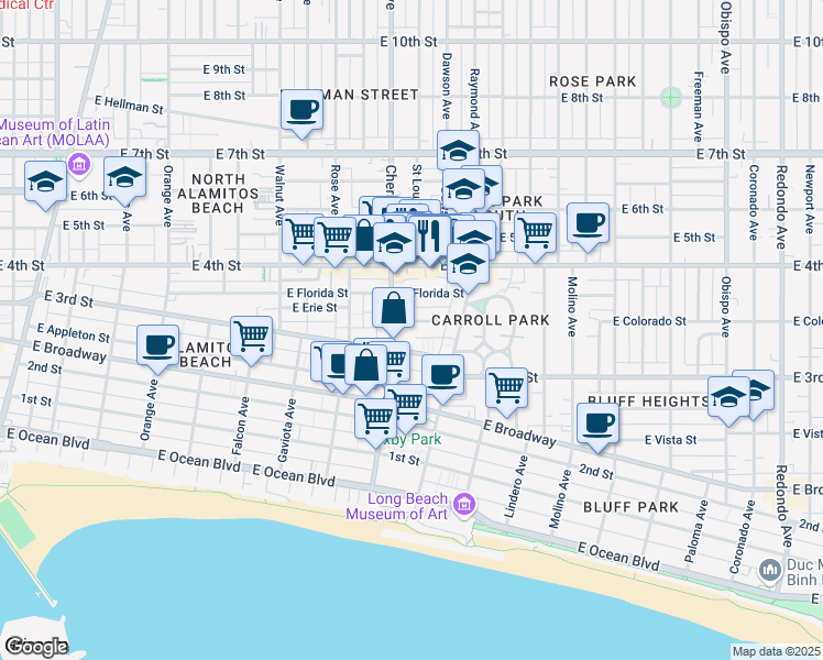 map of restaurants, bars, coffee shops, grocery stores, and more near 2032 East Bermuda Street in Long Beach