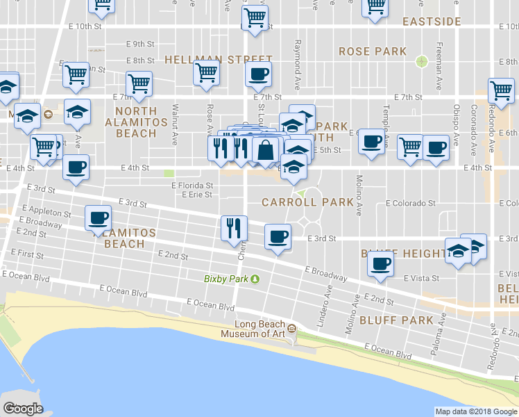 map of restaurants, bars, coffee shops, grocery stores, and more near 2032 East Bermuda Street in Long Beach