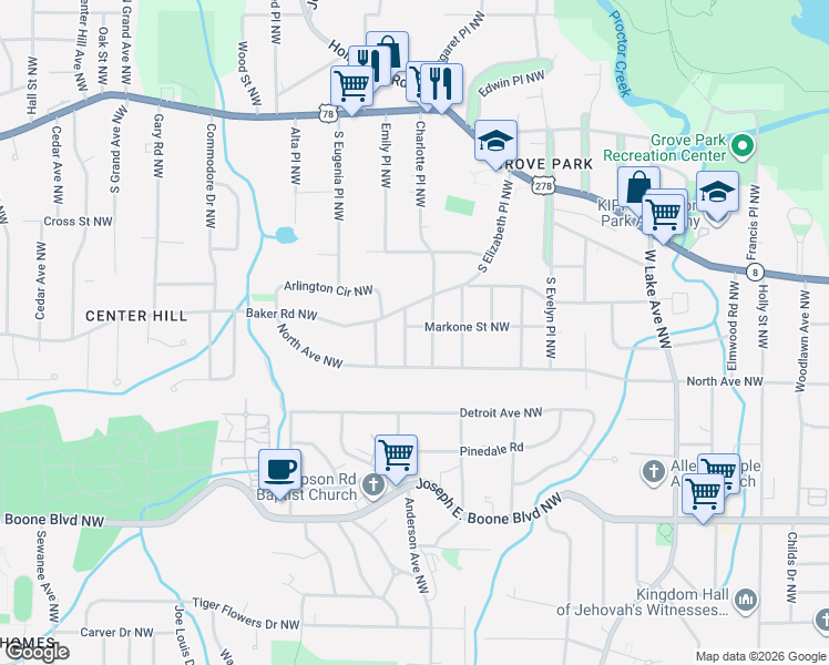 map of restaurants, bars, coffee shops, grocery stores, and more near 1968 Markone Street Northwest in Atlanta