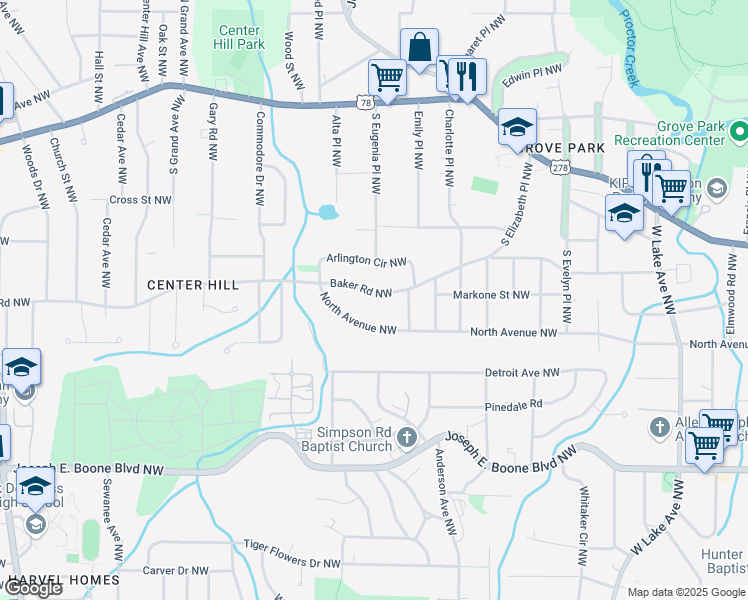 map of restaurants, bars, coffee shops, grocery stores, and more near 2040 Baker Road Northwest in Atlanta