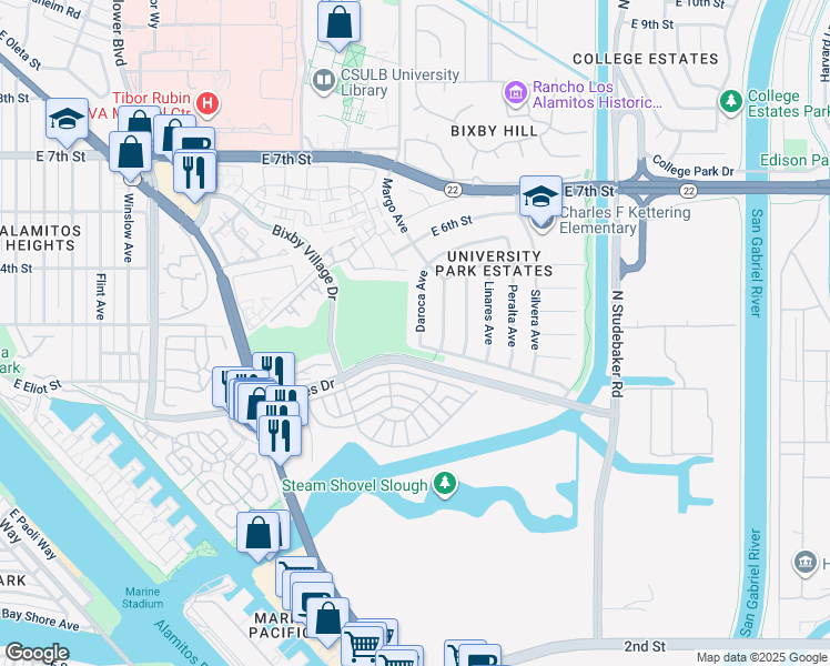 map of restaurants, bars, coffee shops, grocery stores, and more near 361 Daroca Avenue in Long Beach