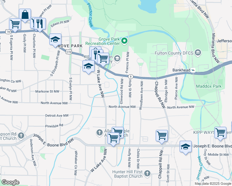 map of restaurants, bars, coffee shops, grocery stores, and more near 1591 Hasty Place Northwest in Atlanta