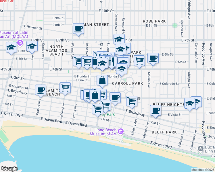 map of restaurants, bars, coffee shops, grocery stores, and more near 2032 East Bermuda Street in Long Beach