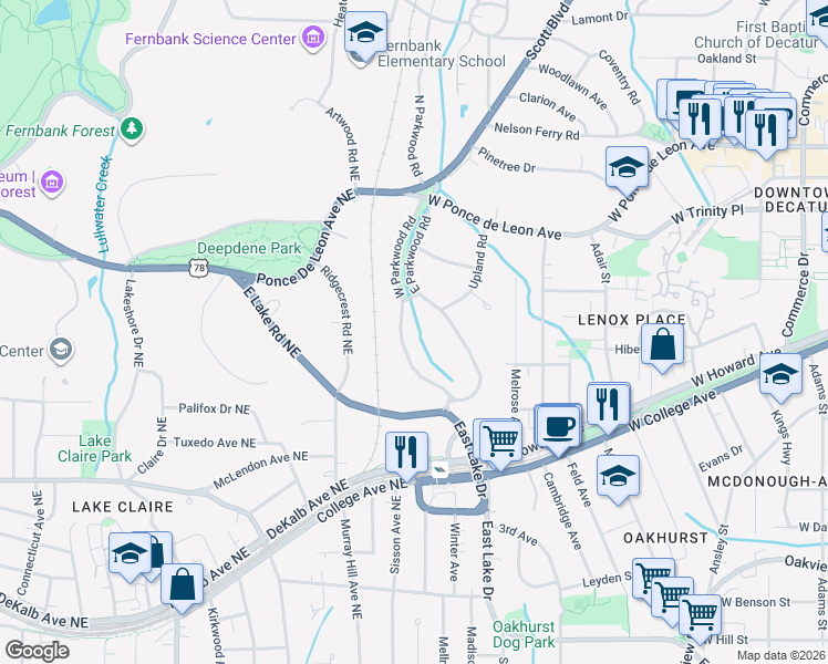 map of restaurants, bars, coffee shops, grocery stores, and more near 317 West Parkwood Road in Decatur