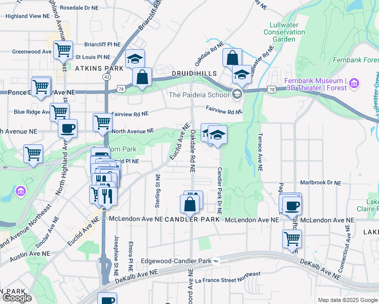 map of restaurants, bars, coffee shops, grocery stores, and more near 562 Oakdale Road Northeast in Atlanta