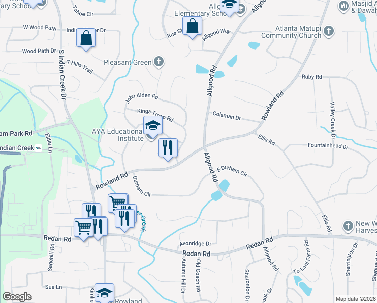 map of restaurants, bars, coffee shops, grocery stores, and more near 1051 Rowland Road in Stone Mountain