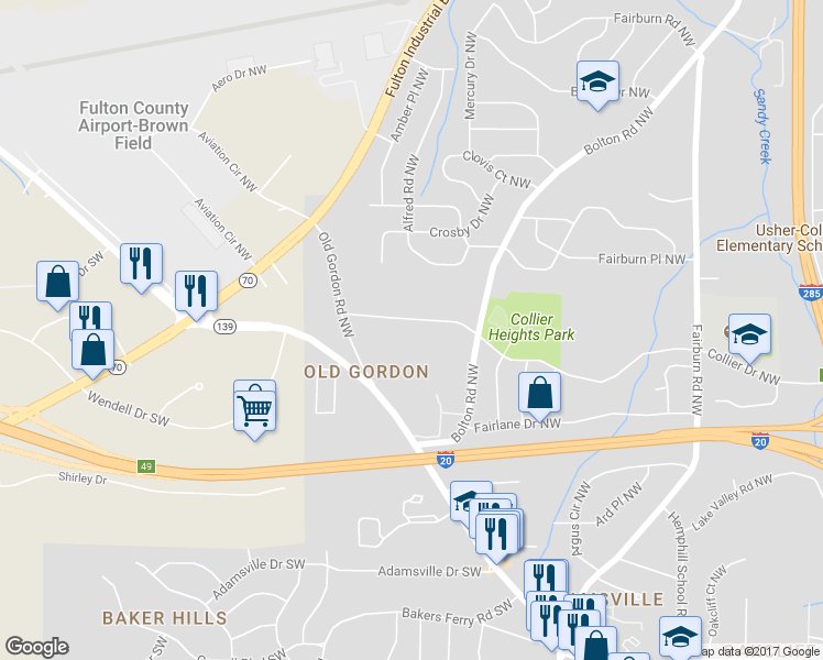 map of restaurants, bars, coffee shops, grocery stores, and more near 3800 Collier Drive Northwest in Atlanta