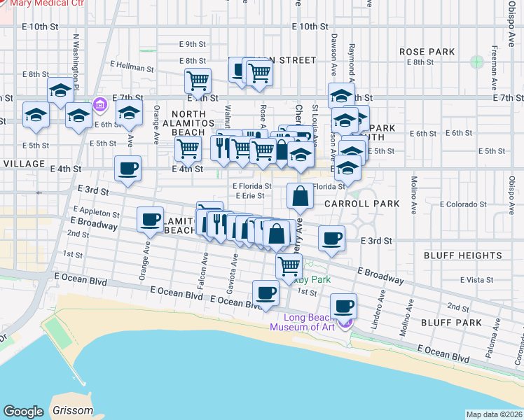 map of restaurants, bars, coffee shops, grocery stores, and more near 1755 East 3rd Street in Long Beach