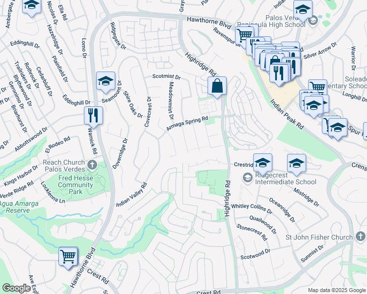 map of restaurants, bars, coffee shops, grocery stores, and more near 45 Via Malona in Rancho Palos Verdes