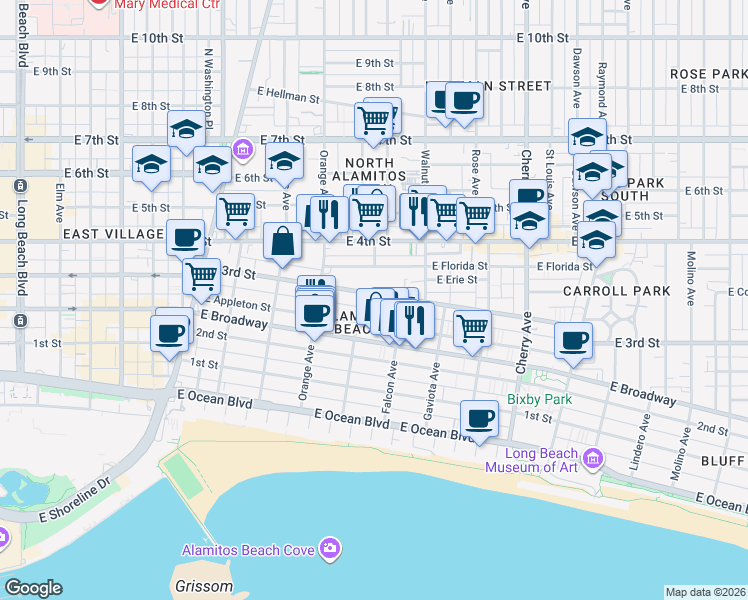 map of restaurants, bars, coffee shops, grocery stores, and more near 1322 3rd Street in Long Beach