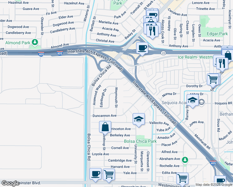 map of restaurants, bars, coffee shops, grocery stores, and more near Weymouth Street & Danvers Way in Westminster