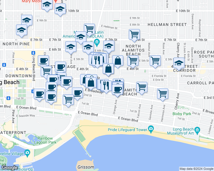 map of restaurants, bars, coffee shops, grocery stores, and more near 264 Cerritos Avenue in Long Beach