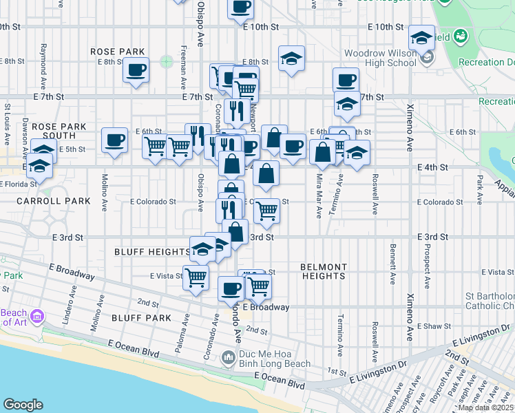 map of restaurants, bars, coffee shops, grocery stores, and more near 340 Newport Avenue in Long Beach