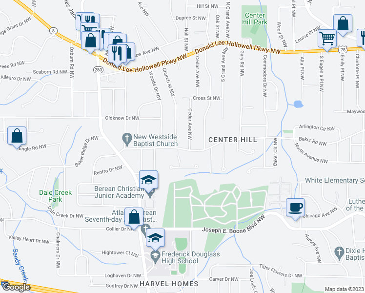 map of restaurants, bars, coffee shops, grocery stores, and more near 2413 Baker Road Northwest in Atlanta