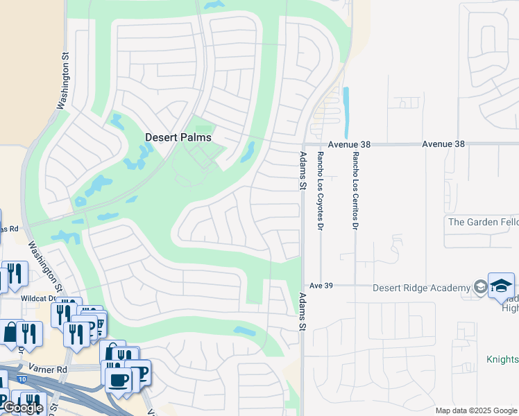 map of restaurants, bars, coffee shops, grocery stores, and more near 78843 Waterford Lane in Palm Desert