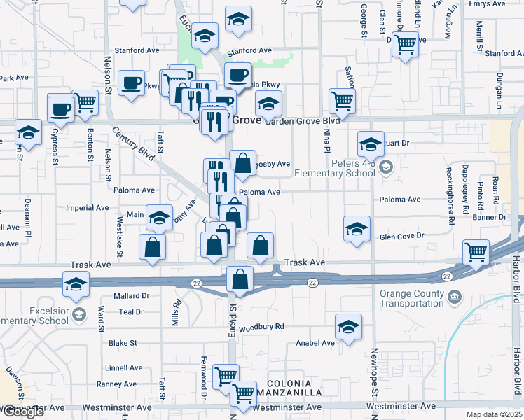 map of restaurants, bars, coffee shops, grocery stores, and more near 13312 Ramona Place in Garden Grove