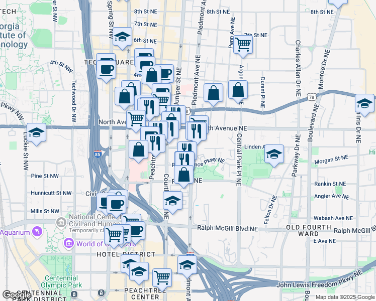 map of restaurants, bars, coffee shops, grocery stores, and more near 550 Piedmont Avenue Northeast in Atlanta