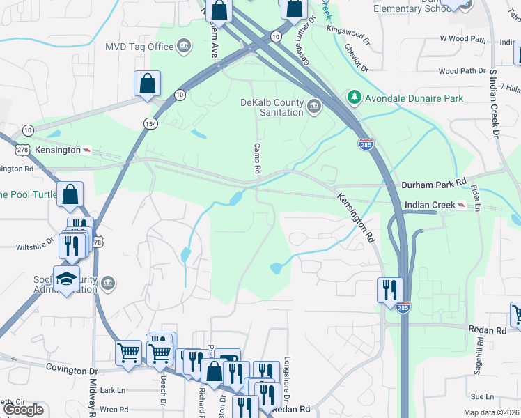 map of restaurants, bars, coffee shops, grocery stores, and more near 879 Porter Road in Decatur