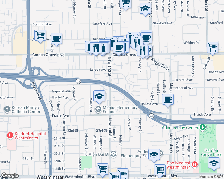 map of restaurants, bars, coffee shops, grocery stores, and more near 13252 Newland Street in Garden Grove
