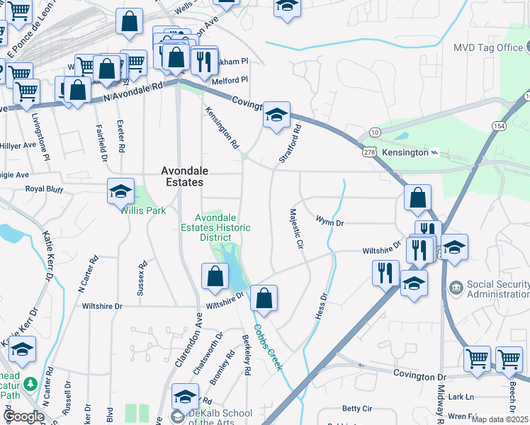 map of restaurants, bars, coffee shops, grocery stores, and more near 845 Stratford Road in Avondale Estates