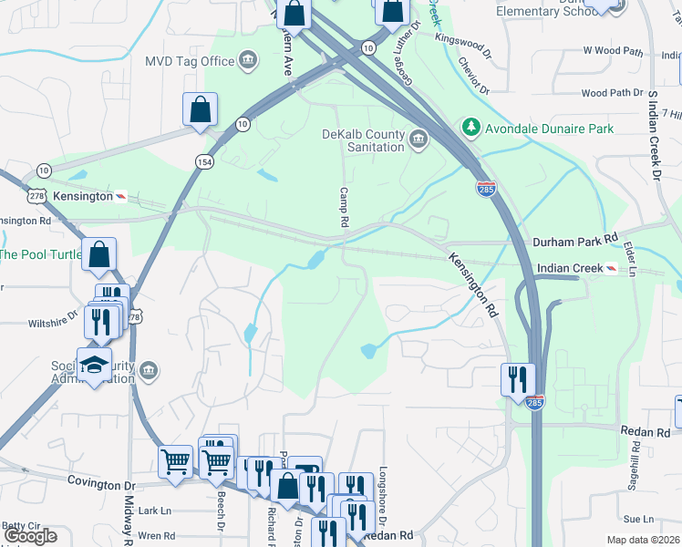 map of restaurants, bars, coffee shops, grocery stores, and more near 879 Porter Road in Decatur