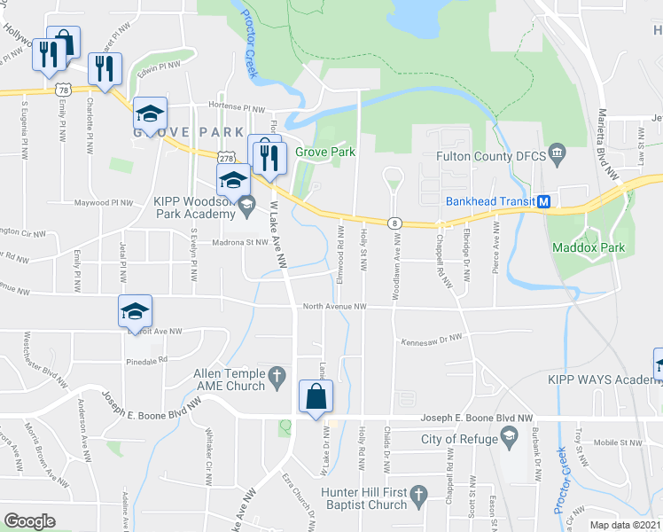 map of restaurants, bars, coffee shops, grocery stores, and more near 1591 Hasty Place Northwest in Atlanta