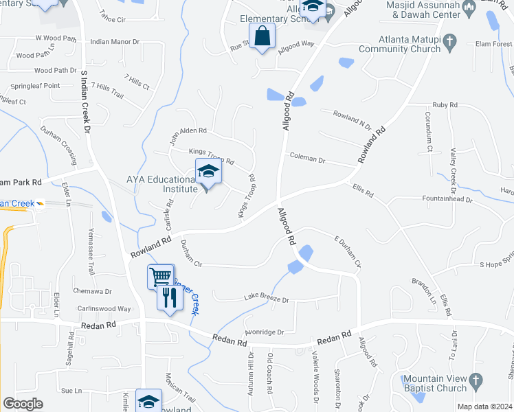map of restaurants, bars, coffee shops, grocery stores, and more near 1051 Rowland Road in Stone Mountain