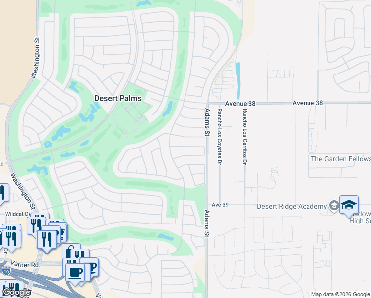 map of restaurants, bars, coffee shops, grocery stores, and more near 78950 Champagne Lane in Palm Desert