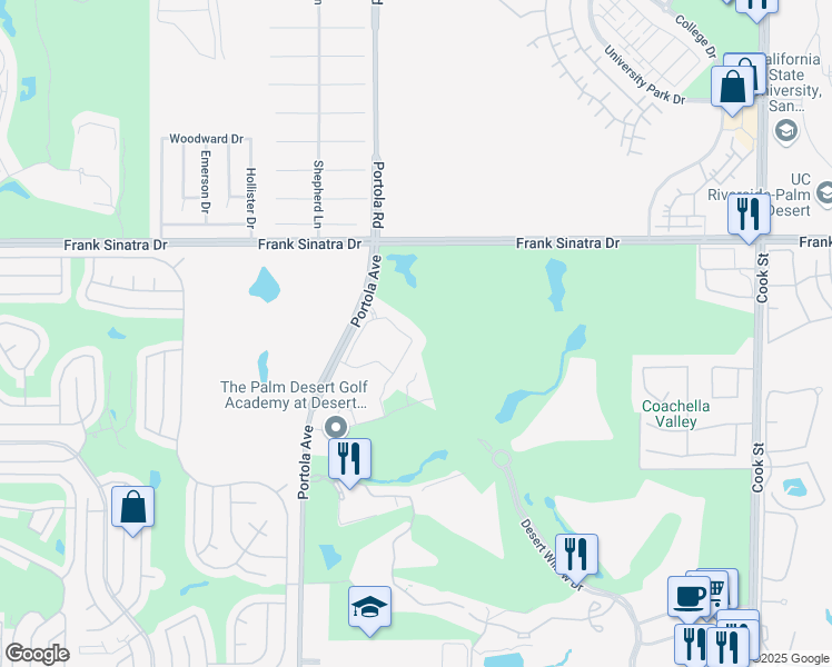 map of restaurants, bars, coffee shops, grocery stores, and more near 502 Retreat Circle in Palm Desert
