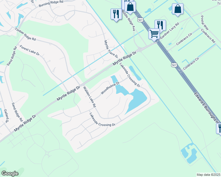 map of restaurants, bars, coffee shops, grocery stores, and more near 549 Woodholme Drive in Conway