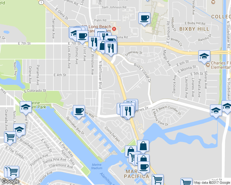 map of restaurants, bars, coffee shops, grocery stores, and more near 5741 Avenue Estoril in Long Beach