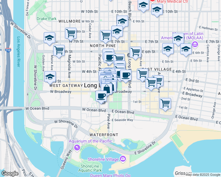 map of restaurants, bars, coffee shops, grocery stores, and more near 203 Pine Avenue in Long Beach
