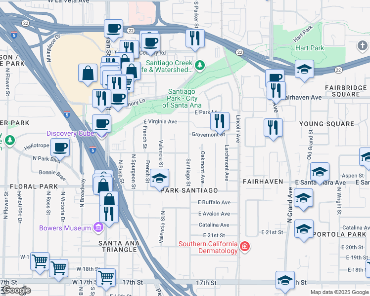 map of restaurants, bars, coffee shops, grocery stores, and more near 2503 Poinsettia Street North in Santa Ana