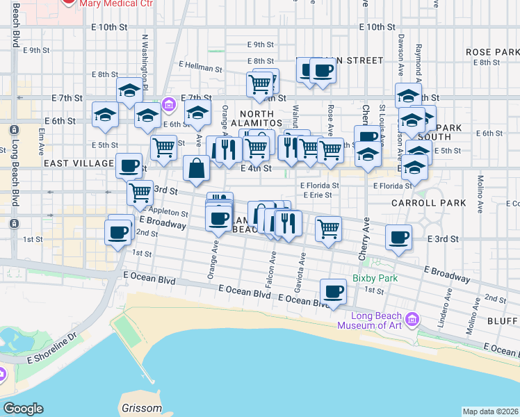 map of restaurants, bars, coffee shops, grocery stores, and more near 1316 East 3rd Street in Long Beach