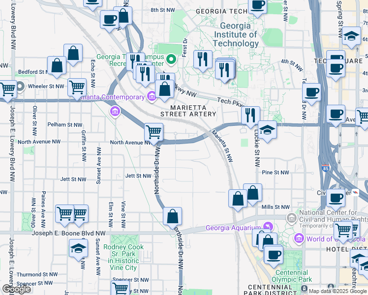 map of restaurants, bars, coffee shops, grocery stores, and more near 387 Technology Circle Northwest in Atlanta