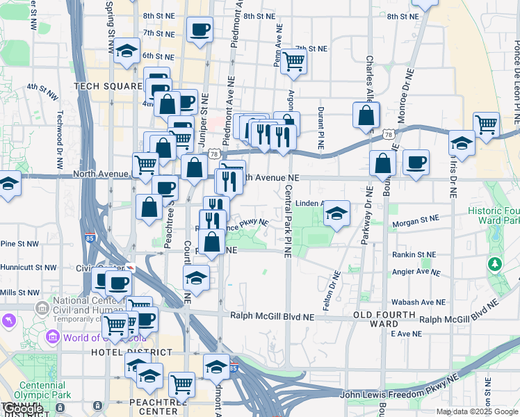 map of restaurants, bars, coffee shops, grocery stores, and more near 240 Renaissance Parkway Northeast in Atlanta